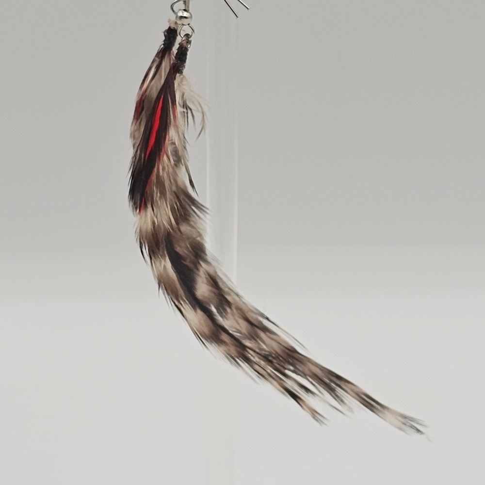 Feather Dangle Earrings‎ 4"+ Brown Red Grizzly Striped Boho Chic Tribal Western - Picture 2 of 12